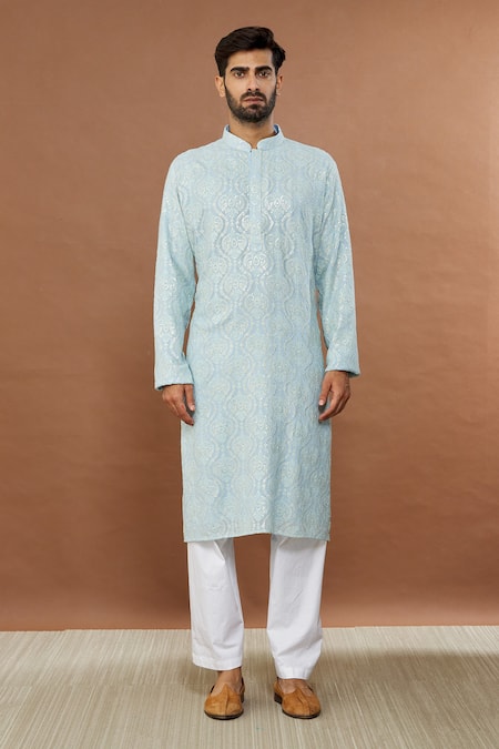 Aham-Vayam_Blue Cotton Sequins Mughalkaari Embroidered Kurta Set _Online_at_Aza_Fashions