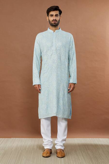 Aham-Vayam_Blue Cotton Sequins Mughalkaari Embroidered Kurta And Churidar Set _Online_at_Aza_Fashions