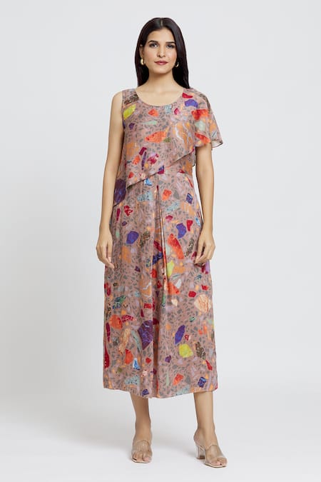 Buy Whimsical By Shica Brown Cotton, Silk Round Neck Draped Mosaic Print Jumpsuit Online at Aza Fashions Buy_Whimsical By Shica_Brown Cotton, Silk Round Neck Draped Mosaic Print Jumpsuit _Online_at_Aza_Fashions