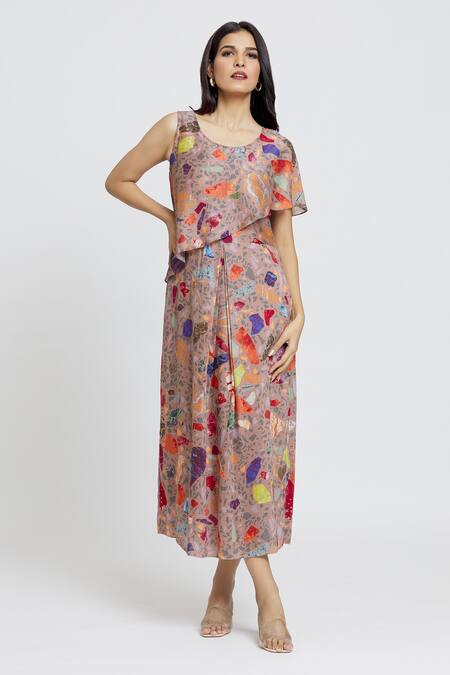 Shop Whimsical By Shica Brown Cotton, Silk Round Neck Draped Mosaic Print Jumpsuit Online at Aza Fashions Shop_Whimsical By Shica_Brown Cotton, Silk Round Neck Draped Mosaic Print Jumpsuit _Online_at_Aza_Fashions