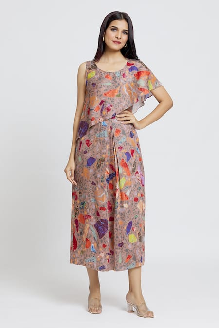 Whimsical By Shica Brown Cotton, Silk Round Neck Draped Mosaic Print Jumpsuit at Aza Fashions Whimsical By Shica_Brown Cotton, Silk Round Neck Draped Mosaic Print Jumpsuit _at_Aza_Fashions