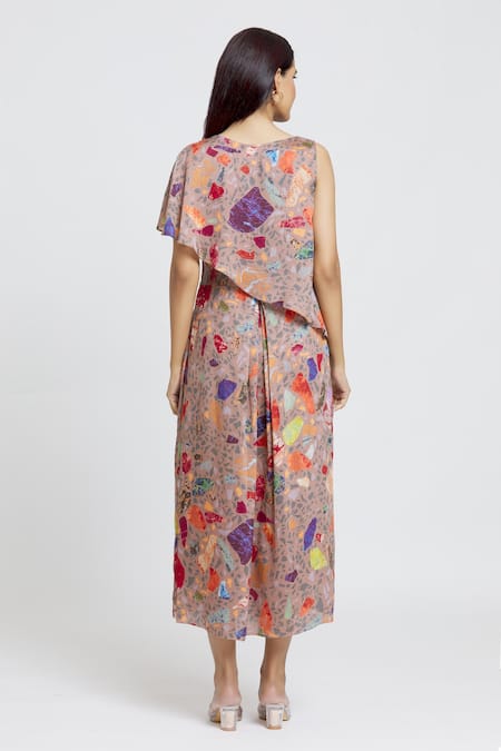 Whimsical By Shica Brown Cotton, Silk Round Neck Draped Mosaic Print Jumpsuit Online at Aza Fashions Whimsical By Shica_Brown Cotton, Silk Round Neck Draped Mosaic Print Jumpsuit _Online_at_Aza_Fashions