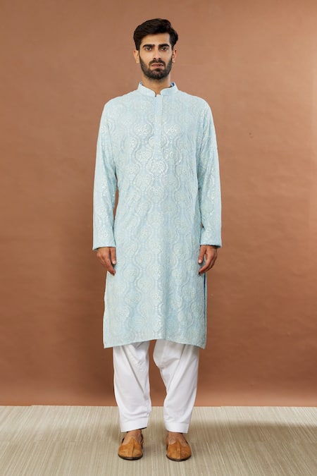 Aham-Vayam Blue Cotton Sequins Mughalkaari Embroidered Kurta And Patiala Set Online at Aza Fashions Aham-Vayam_Blue Cotton Sequins Mughalkaari Embroidered Kurta And Patiala Set _Online_at_Aza_Fashions