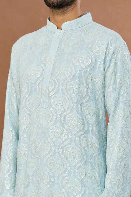 Shop Aham-Vayam Blue Cotton Sequins Mughalkaari Embroidered Kurta And Patiala Set Online at Aza Fashions Shop_Aham-Vayam_Blue Cotton Sequins Mughalkaari Embroidered Kurta And Patiala Set _Online_at_Aza_Fashions