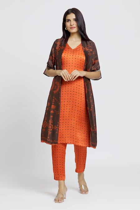 Red Cotton Layered And Tiered Jacket Style Kurta With Floral Print And Gota  Patti at Soch