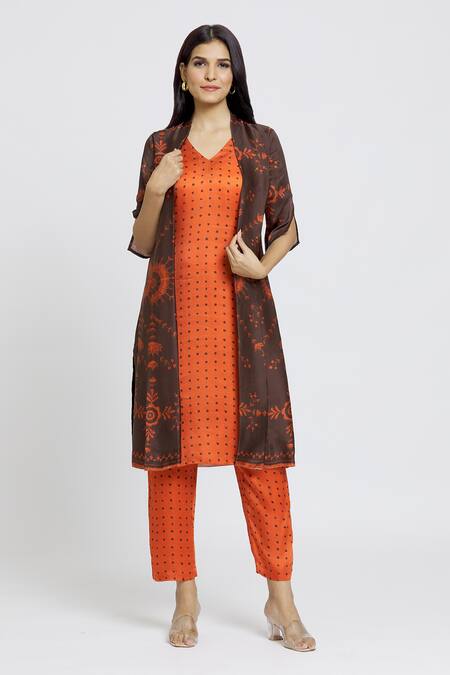 Whimsical By Shica Orange Organza, Satin Embroidery Open Floral Pattern Attached Jacket Kurta Set at Aza Fashions Whimsical By Shica_Orange Organza, Satin Embroidery Open Floral Pattern Attached Jacket Kurta Set _at_Aza_Fashions