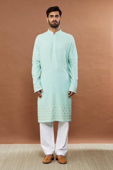 Buy_Aham-Vayam_Blue Cotton Sequins, Mirrors Jashna Embroidered Kurta Set _Online_at_Aza_Fashions