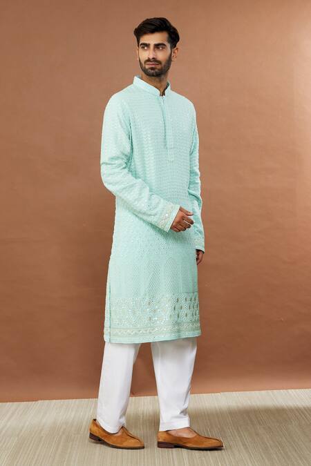 Shop_Aham-Vayam_Blue Cotton Sequins, Mirrors Jashna Embroidered Kurta Set _Online_at_Aza_Fashions