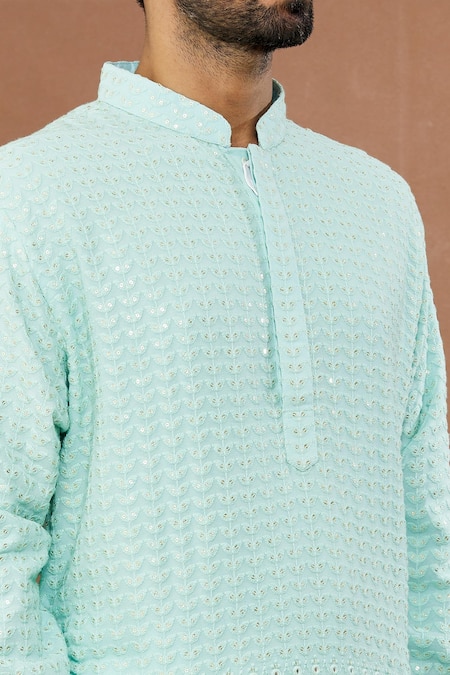 Aham-Vayam_Blue Cotton Sequins, Mirrors Jashna Embroidered Kurta Set _at_Aza_Fashions