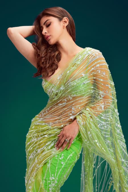 Dilnaz_Green Embroidered Sequin Saree _at_Aza_Fashions