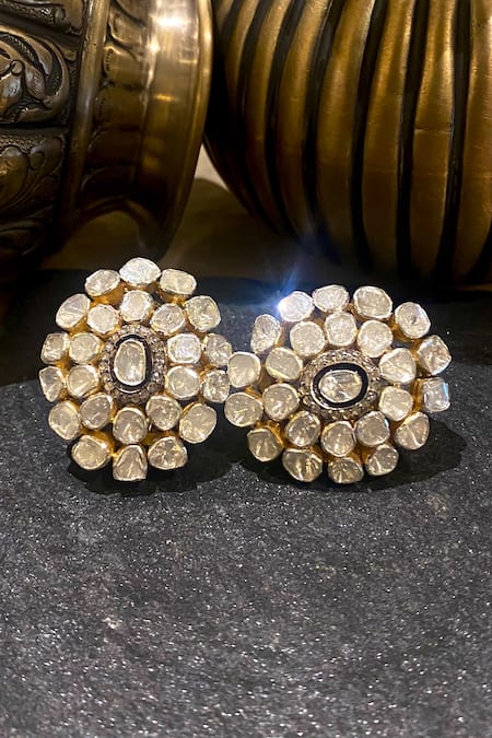Buy_The Alchemy Studio_Silver Plated Diamonds, Crystals Oval Uncut Flower Studs_Online_at_Aza_Fashions