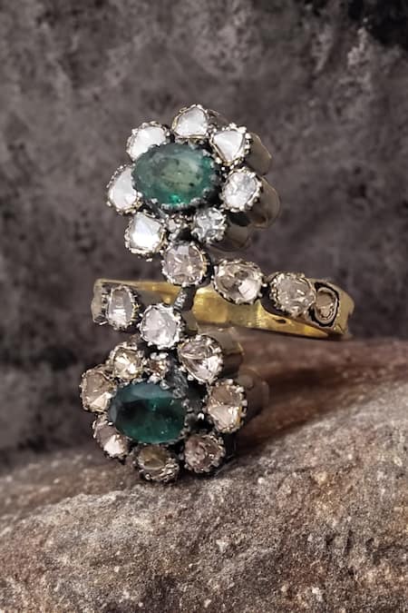 The Alchemy Studio Adella Emerald Two Flower Uncut Diamond Ring 