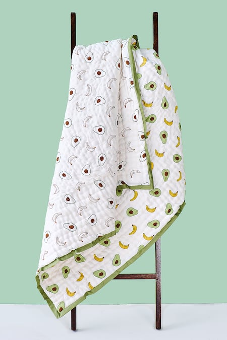 Shop_Jaipur Gate_White Muslin Printed Avocado And Banana Baby Bedding Set_Online_at_Aza_Fashions
