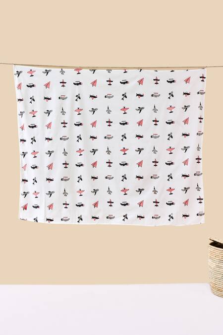 Shop_Jaipur Gate_White Muslin Printed Jet Plane Baby Bedding Set_at_Aza_Fashions