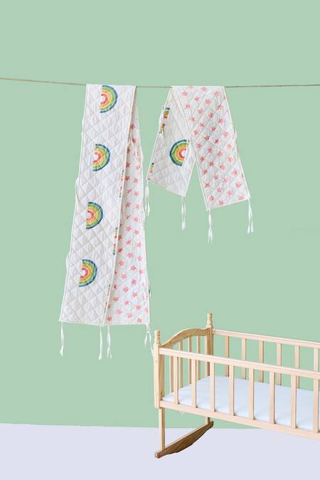 Shop_Jaipur Gate_White Muslin Printed Rainbow Baby Bedding Set_at_Aza_Fashions