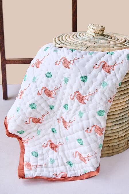 Shop Jaipur Gate White Muslin Printed Flamingo And The Leaves Baby Bedding Set Online at Aza Fashions Shop_Jaipur Gate_White Muslin Printed Flamingo And The Leaves Baby Bedding Set_Online_at_Aza_Fashions
