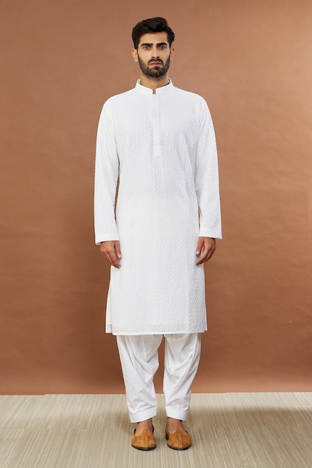 Buy_Aham-Vayam_White Cotton Sequins, Embroidery Ahimsa Kurta And Patiala Set _Online_at_Aza_Fashions