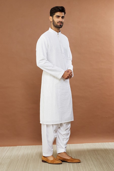 Shop_Aham-Vayam_White Cotton Sequins, Embroidery Ahimsa Kurta And Patiala Set _Online_at_Aza_Fashions