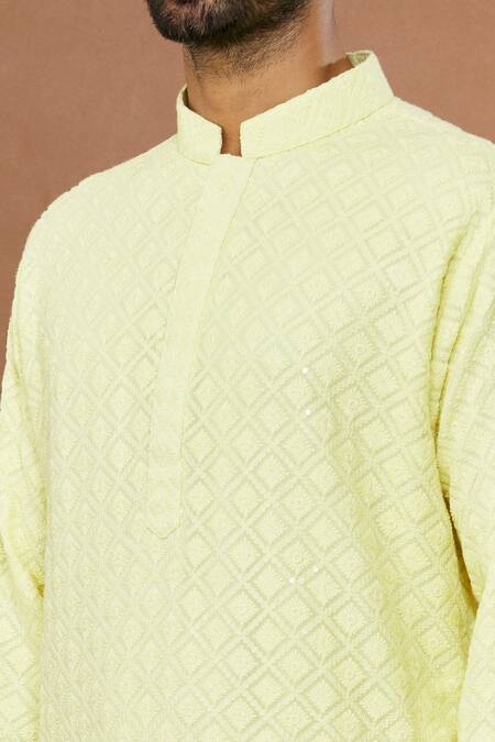 Aham-Vayam Yellow Cotton Sequins Suryamukhi Embroidered Kurta Set at Aza Fashions Aham-Vayam_Yellow Cotton Sequins Suryamukhi Embroidered Kurta Set _at_Aza_Fashions