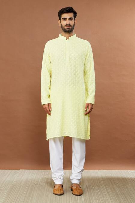 Buy_Aham-Vayam_Yellow Cotton Sequins Suryamukhi Embroidered Kurta And Churidar Set _Online_at_Aza_Fashions