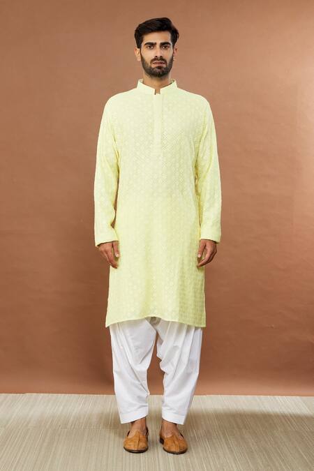 Buy_Aham-Vayam_Yellow Cotton Sequins Suryamukhi Embroidered Kurta And Patiala Set _Online_at_Aza_Fashions