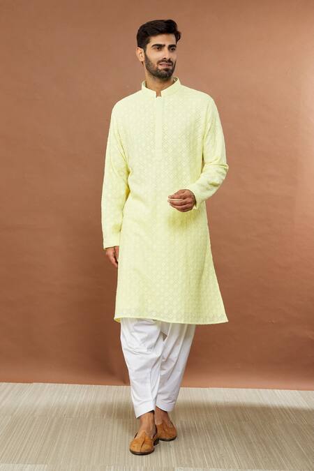 Shop_Aham-Vayam_Yellow Cotton Sequins Suryamukhi Embroidered Kurta And Patiala Set _Online_at_Aza_Fashions