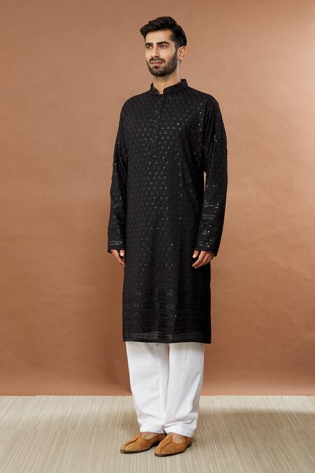 Aham-Vayam_Black Cotton Sequins Prashansa Floral Pattern Kurta Set _Online_at_Aza_Fashions