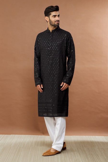 Buy_Aham-Vayam_Black Cotton Sequins Prashansa Floral Pattern Kurta Set _Online_at_Aza_Fashions