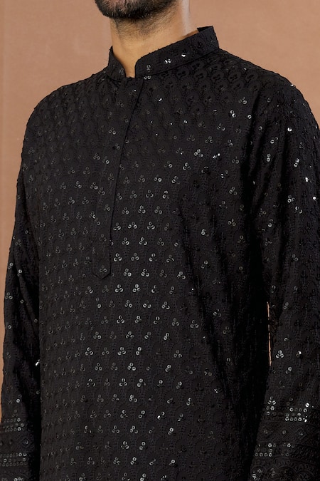 Shop_Aham-Vayam_Black Cotton Sequins Prashansa Floral Pattern Kurta Set _Online_at_Aza_Fashions