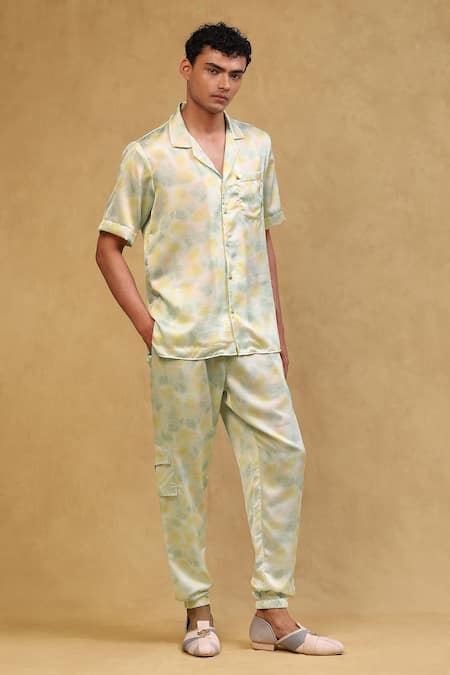 Soniya G_Green Cotton Satin Embroidery Printed Shirt And Pant Set_Online_at_Aza_Fashions