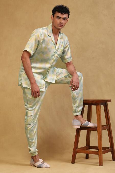 Buy_Soniya G_Green Cotton Satin Embroidery Printed Shirt And Pant Set_Online_at_Aza_Fashions