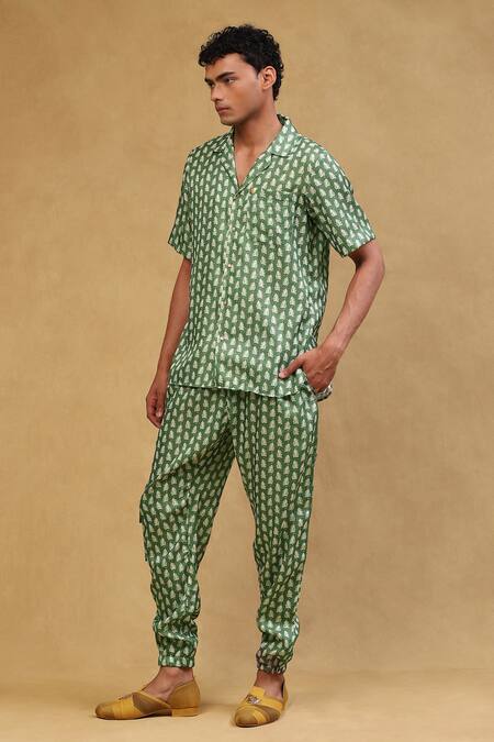 Buy Soniya G Emerald Green Cotton Satin Embroidery Leaf Print Shirt And Pant Set Online at Aza Fashions Buy_Soniya G_Emerald Green Cotton Satin Embroidery Leaf Print Shirt And Pant Set _Online_at_Aza_Fashions