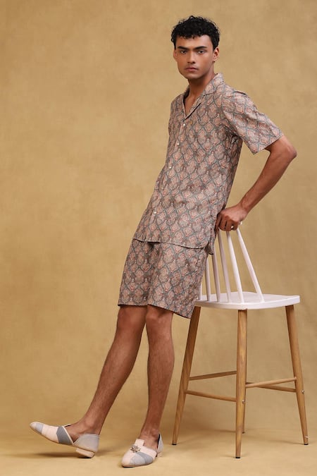 Shop_Soniya G_Brown Cotton Satin Paisley Print Shirt And Shorts Set _Online_at_Aza_Fashions
