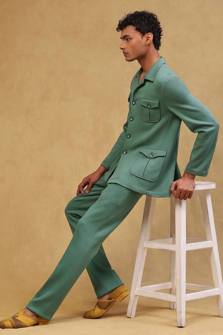 Buy Soniya G Emerald Green Crepe Full Sleeve Plain Jacket And Pant Set Online at Aza Fashions Buy_Soniya G_Emerald Green Crepe Full Sleeve Plain Jacket And Pant Set_Online_at_Aza_Fashions