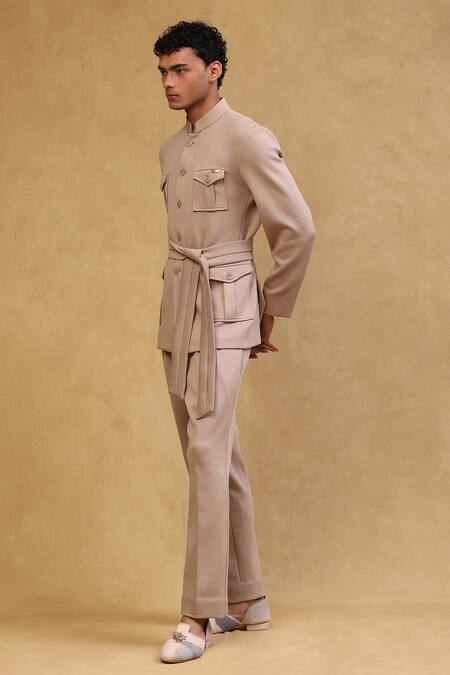 Soniya G_Beige Crepe Solid Full Sleeve Jacket Set_Online_at_Aza_Fashions