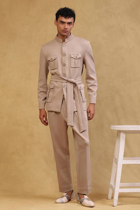 Buy_Soniya G_Beige Crepe Solid Full Sleeve Jacket Set_Online_at_Aza_Fashions