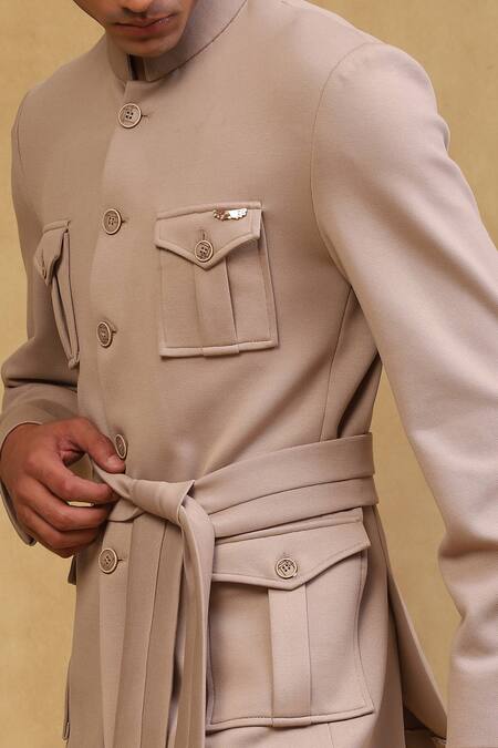 Shop_Soniya G_Beige Crepe Solid Full Sleeve Jacket Set_Online_at_Aza_Fashions