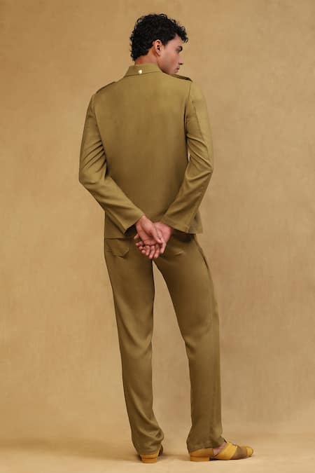 Soniya G_Green Crepe Olive Jacket And Pant Set _Online_at_Aza_Fashions