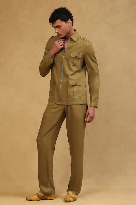 Buy_Soniya G_Green Crepe Olive Jacket And Pant Set _Online_at_Aza_Fashions