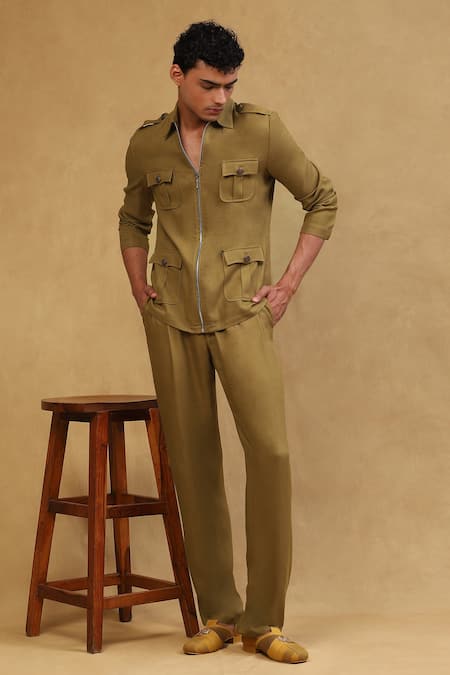 Shop_Soniya G_Green Crepe Olive Jacket And Pant Set _Online_at_Aza_Fashions