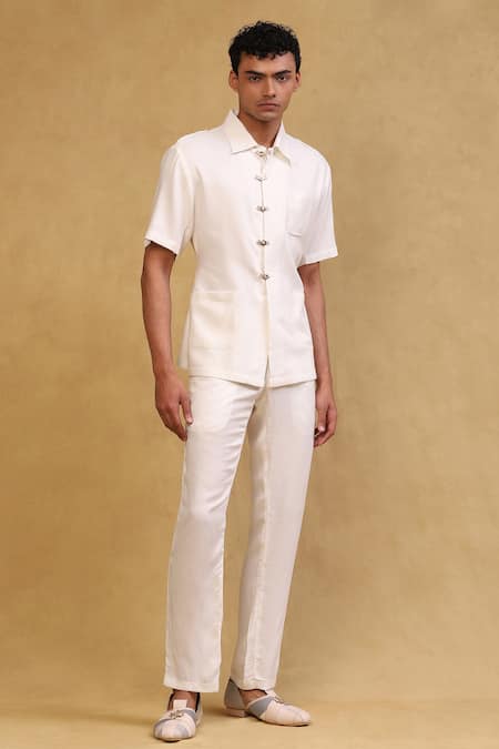 Soniya G Ivory Crepe Plain Placket Embellished Shirt And Pant Set 