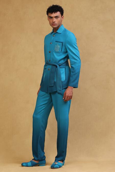 Shop Soniya G Blue Crepe Metallic Thread Ombre Embroidered Jacket And Pant Set Online at Aza Fashions Shop_Soniya G_Blue Crepe Metallic Thread Ombre Embroidered Jacket And Pant Set _Online_at_Aza_Fashions