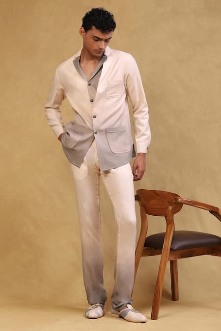 Shop_Soniya G_Grey Crepe Metallic Thread Ombre Jacket And Pant Set _Online_at_Aza_Fashions