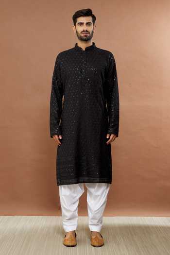 Aham-Vayam_Black Cotton Sequins Prashansa Floral Pattern Kurta And Patiala Set _Online_at_Aza_Fashions