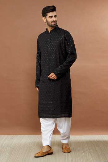 Buy_Aham-Vayam_Black Cotton Sequins Prashansa Floral Pattern Kurta And Patiala Set _Online_at_Aza_Fashions