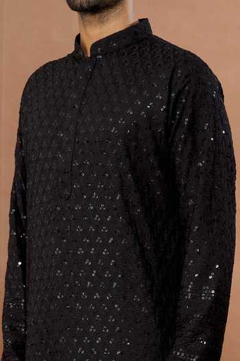 Shop_Aham-Vayam_Black Cotton Sequins Prashansa Floral Pattern Kurta And Patiala Set _Online_at_Aza_Fashions