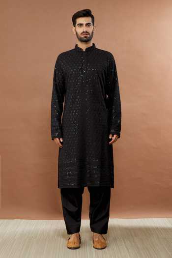 Aham-Vayam Black Cotton Sequins Floral Embroidered Kurta Set Online at Aza Fashions Aham-Vayam_Black Cotton Sequins Floral Embroidered Kurta Set _Online_at_Aza_Fashions
