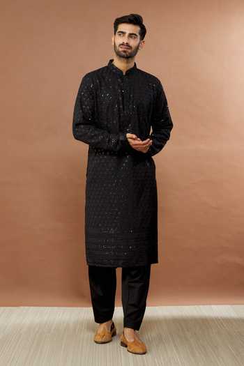 Buy Aham-Vayam Black Cotton Sequins Floral Embroidered Kurta Set Online at Aza Fashions Buy_Aham-Vayam_Black Cotton Sequins Floral Embroidered Kurta Set _Online_at_Aza_Fashions