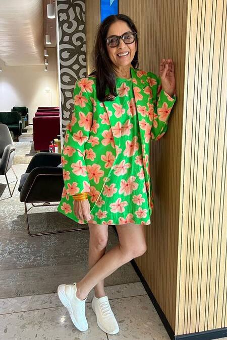 Buy_Masaba_Green Bamboo, Linen Lace Halter Neck Flower Passion Dress