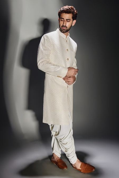 Buy_Chatenya Mittal_Cream Georgette, Crepe Sequins Barfi Pattern Embroidered Achkan Set _Online_at_Aza_Fashions